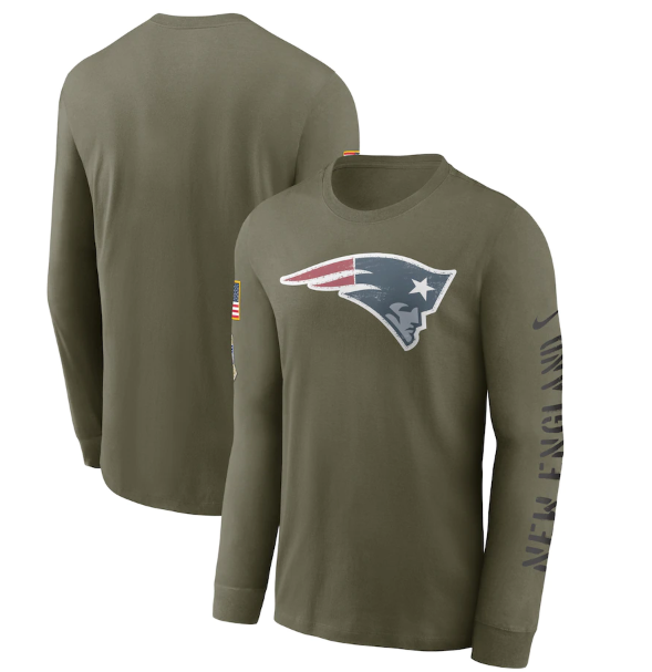 Men's New England Patriots Olive 2022 Salute to Service Long Sleeve T-Shirt Men's New England Patriots Olive 2022 Salute to Service Long Sleeve T-Shirt